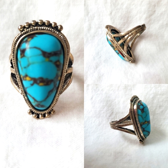 Turquoise Style Stone Ring Antiqued Silver Metal Adjustable Ornate Coastal Boho - Picture 1 of 9